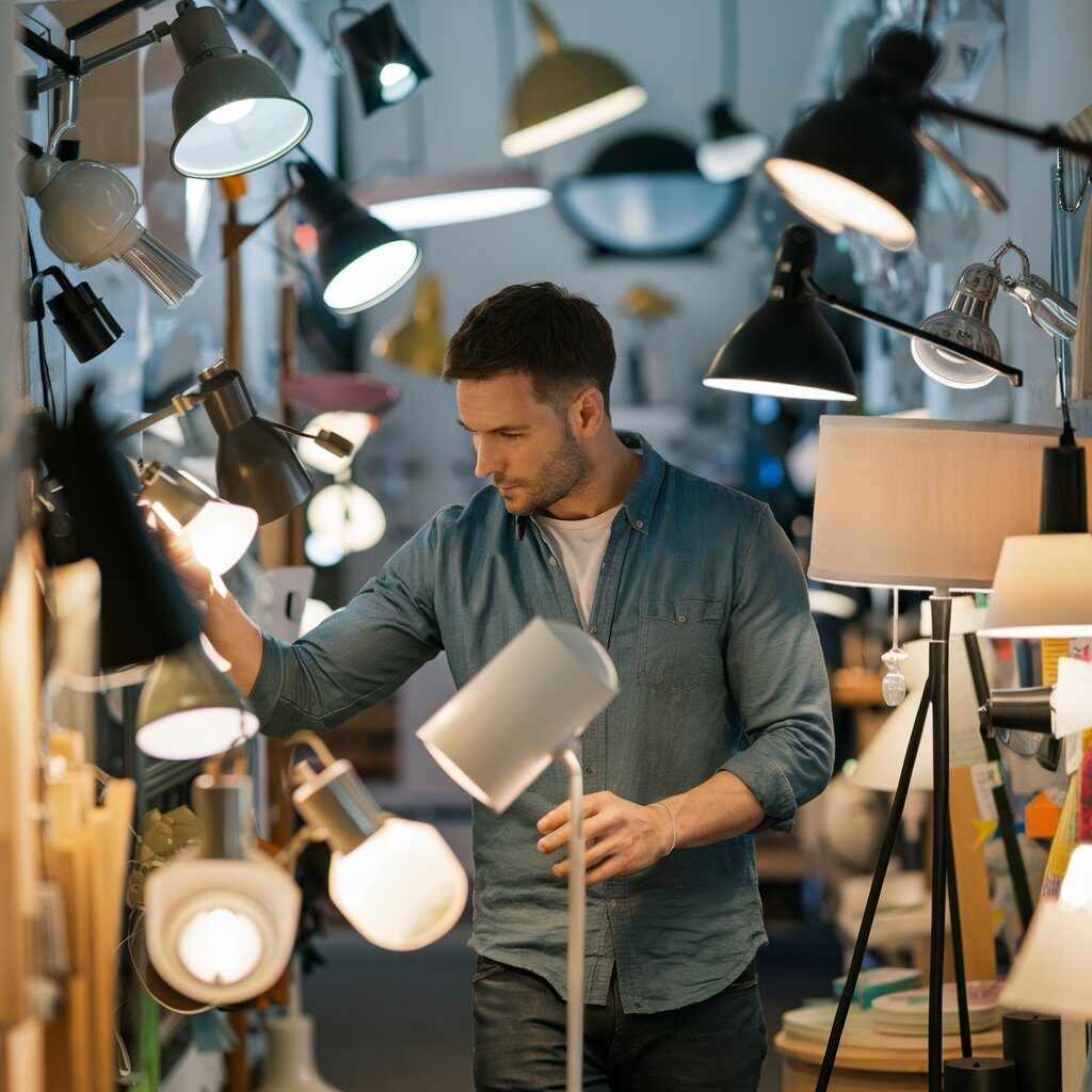 A focused man browsing through a store, carefully selecting various spotlights and lighting fixtures for his indoor home. T